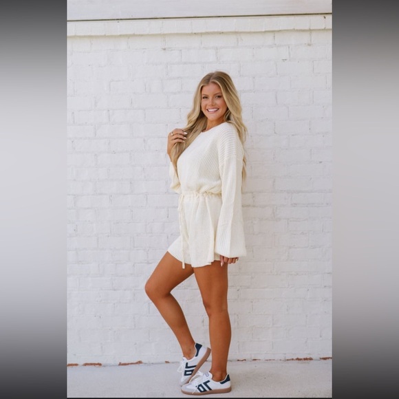 Sweater Knit Romper Drawstring Cream Boutique - Picture 3 of 9